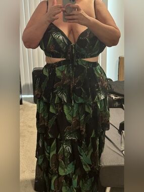 NWOT Tiered Tropical Leaf & Leopard Print Maxi Skirt - Black/Green Sz 1x